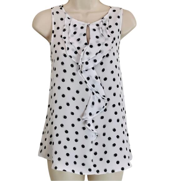 Elle White Black Polka Dot Sleeveless Top Ruffle Front Keyhole Button Closure - Picture 1 of 16